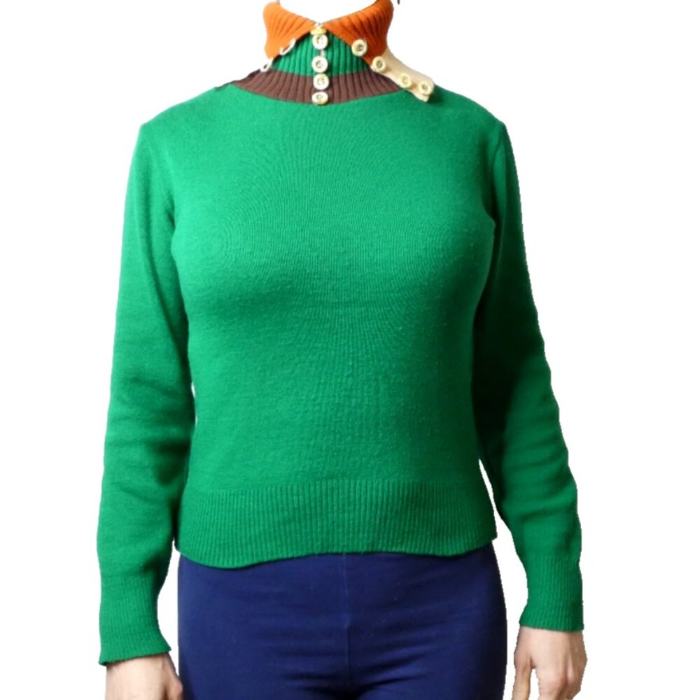 Vintage Dark Green Sweater Size 6 Long Neck Unique OOAK Designer Long Neck
